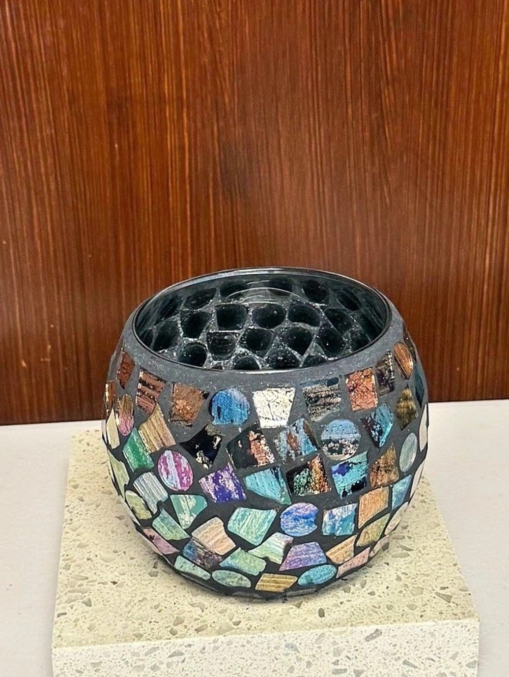 Home Interiors Peacock colored Glass Mosaic 30Candle Holder